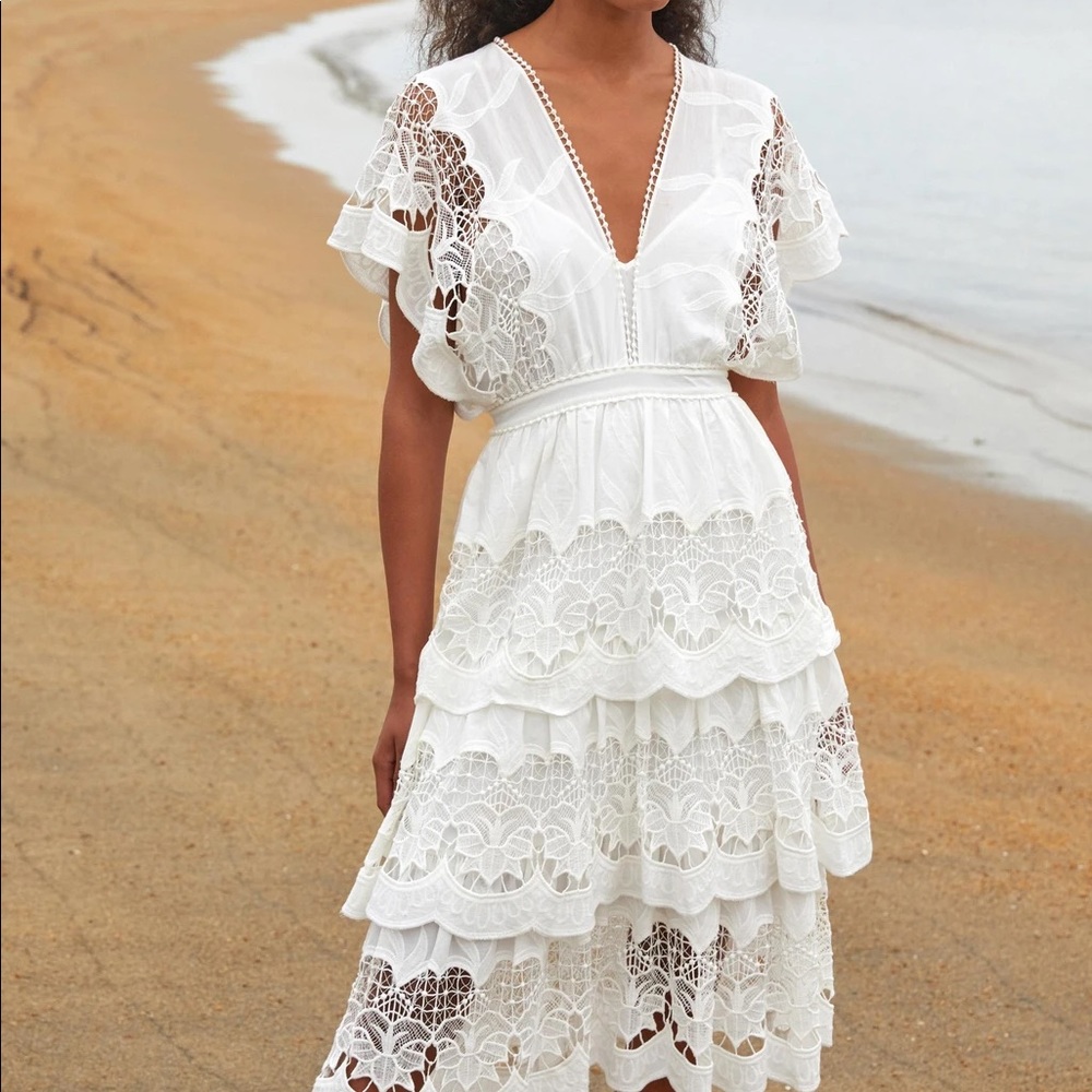 Farm Rio Off-White Richelieu Midi Dress